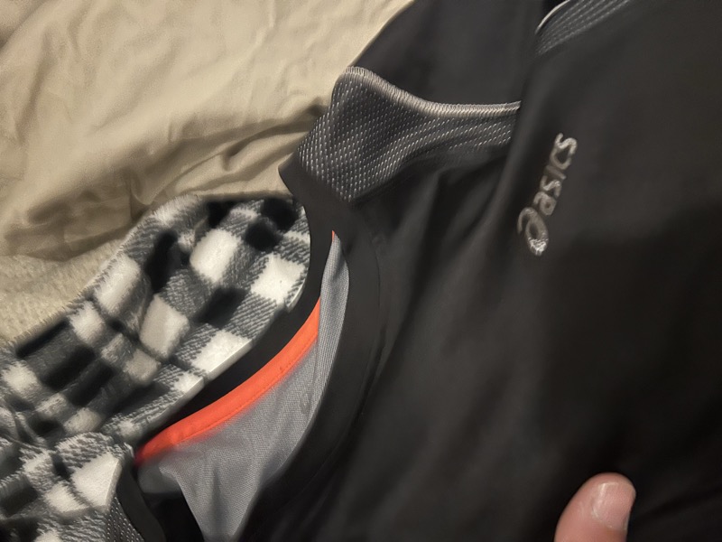 FIT 026 — Asics tee detail, orange collar
