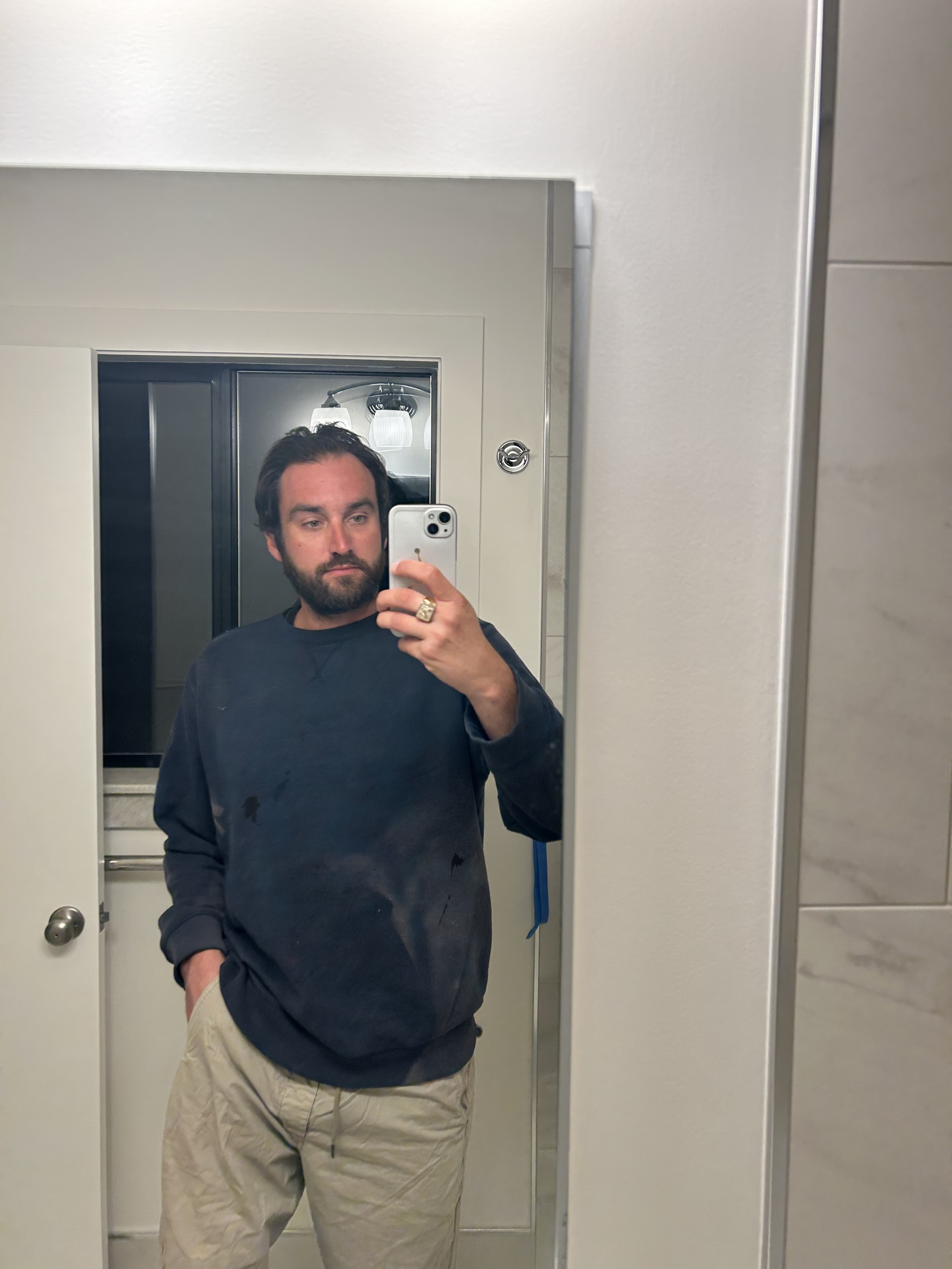 FIT 026 — G.H. Bass navy sweater layered over, bathroom mirror
